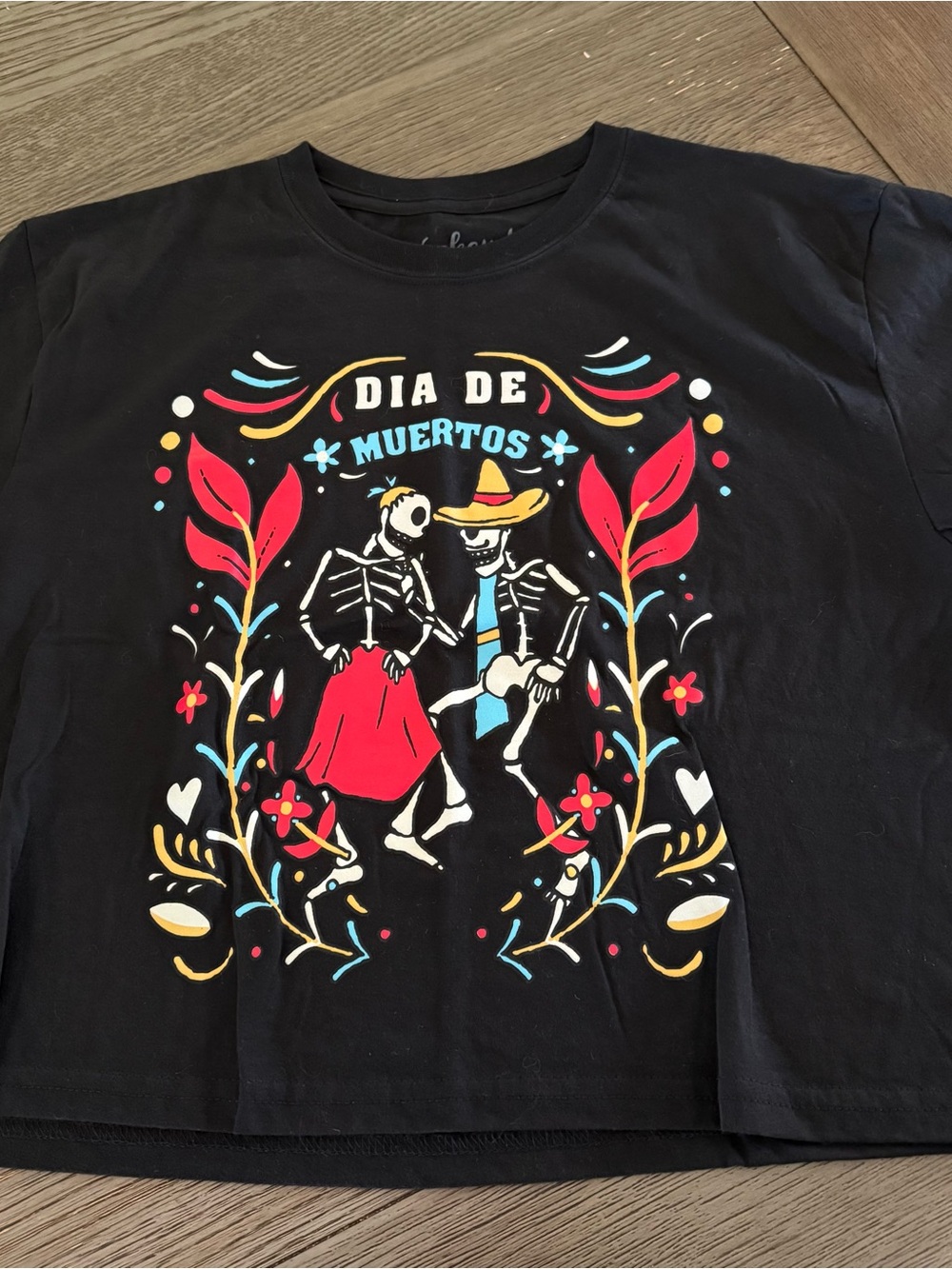 Women's Dia de Muertos Graphic Tee - Black with Multicolor Print